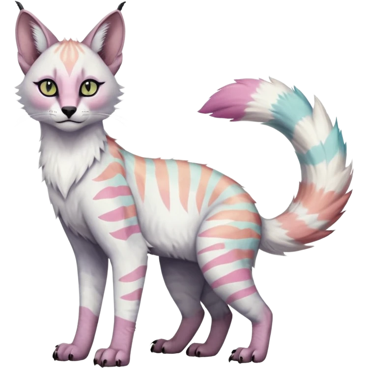 Colorful tropical feathery tribal pale light fruity pastel white glorious iridescent divine exotic cute albino neon vibrant spooky evil zigzagged cool beautiful fantasy-caracal-civet-genet-sergal-vernid-Gryphon-Cacomistle-Trico-oncilla-animal-Fakémon-hybrid-fursona (full body), facial markings,  emoji