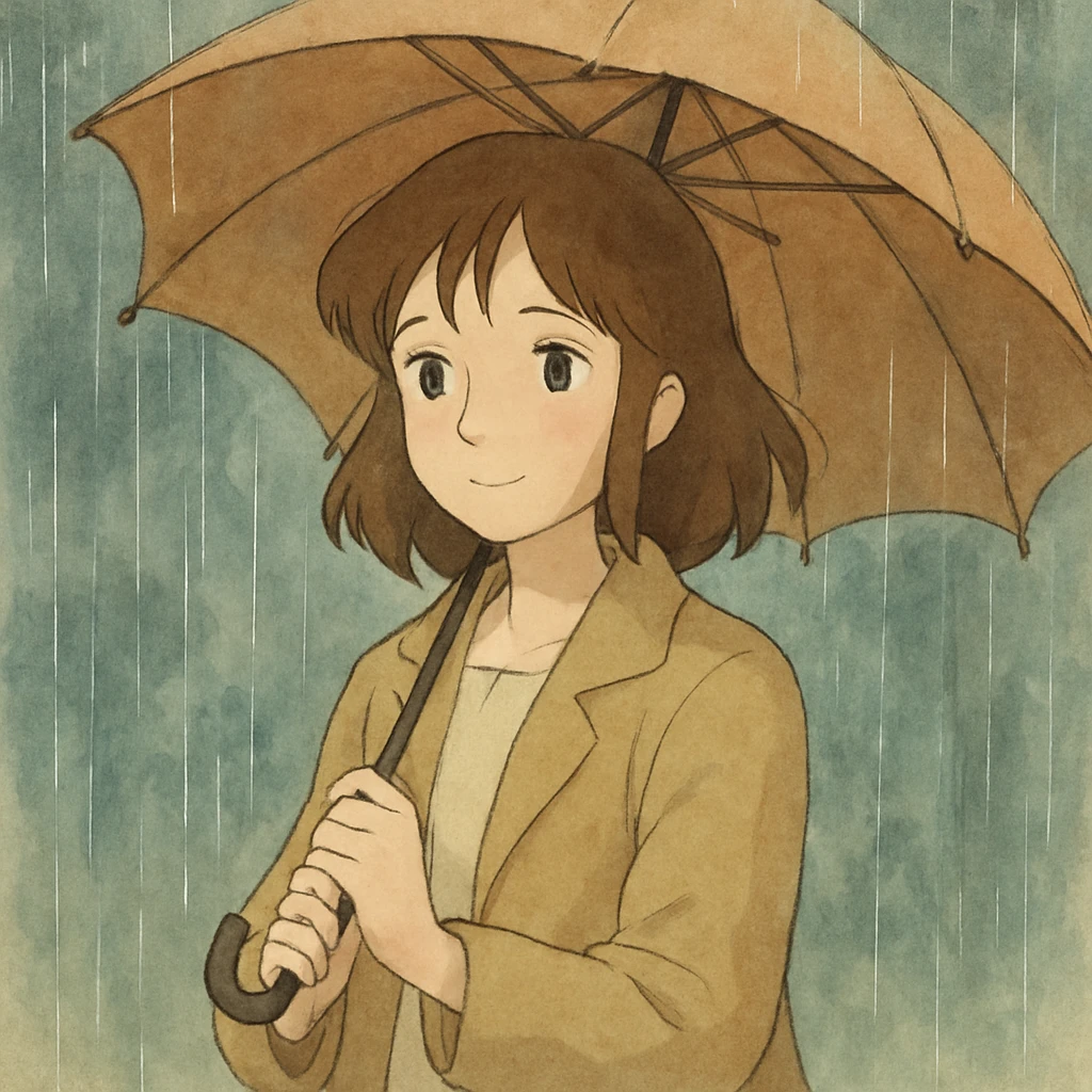 ghibli style girl with umbrella in the rain, gentle, atmospheric, soft rain effects emoji