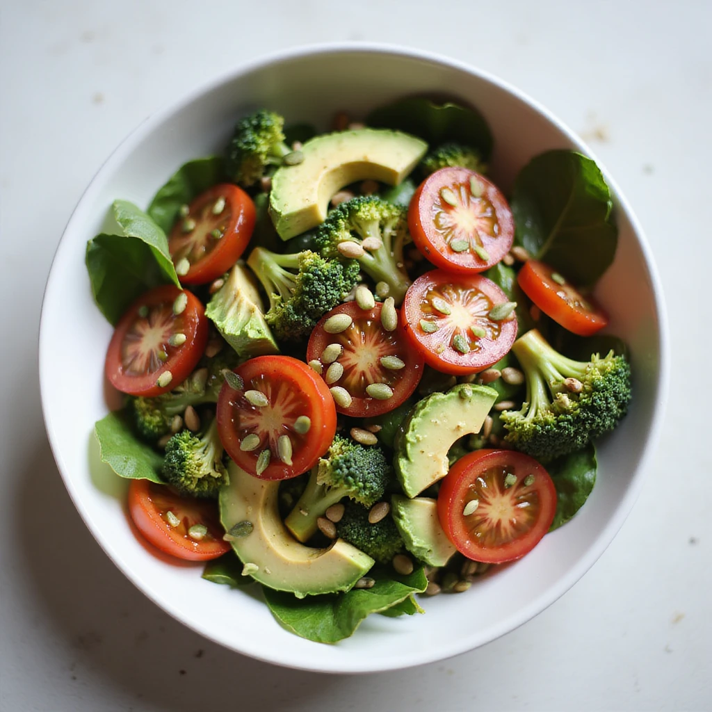 colorful salad with tomatoes, broccoli, spinach, avocado, pumpkin seeds, and olive oil, served in a modern bowl, fresh atmosphere, realistic details, light background emoji