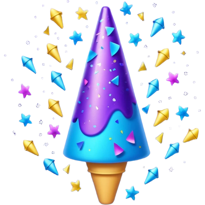 Emoji with glowing cone-shaped confetti popper, purple and blue colors emitting confetti and glitter, creating a bright festive atmosphere emoji