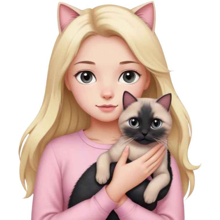 girl with blond long hair, grey eyes and fair skin in pink pastel clothes holds a black British cat in her arms emoji