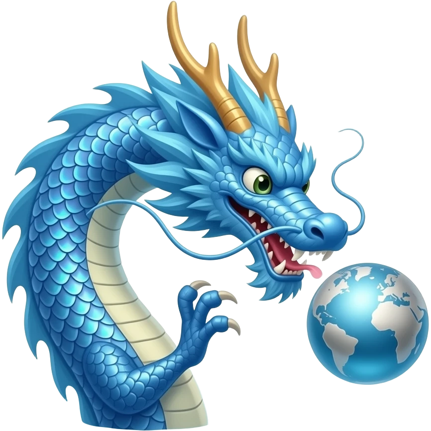 A blue Chinese serpentine dragon emerges from the sea and hovers above the surface, playing with a silver planet. emoji