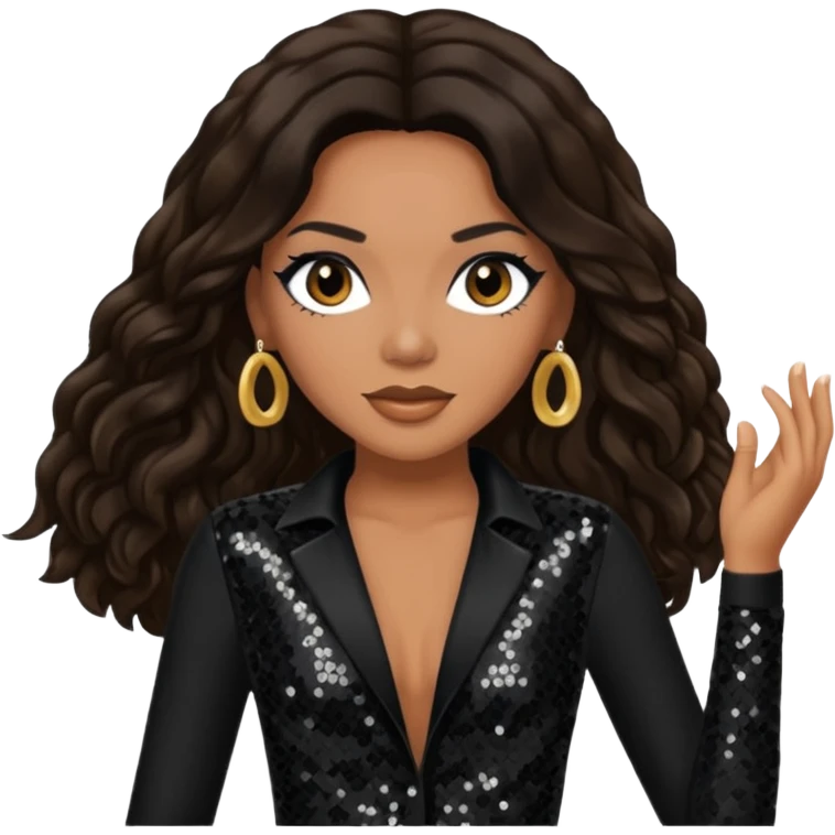 Monica Arnold, R&B Singer with long dark brown hair, black sequin outfit, tan skin emoji