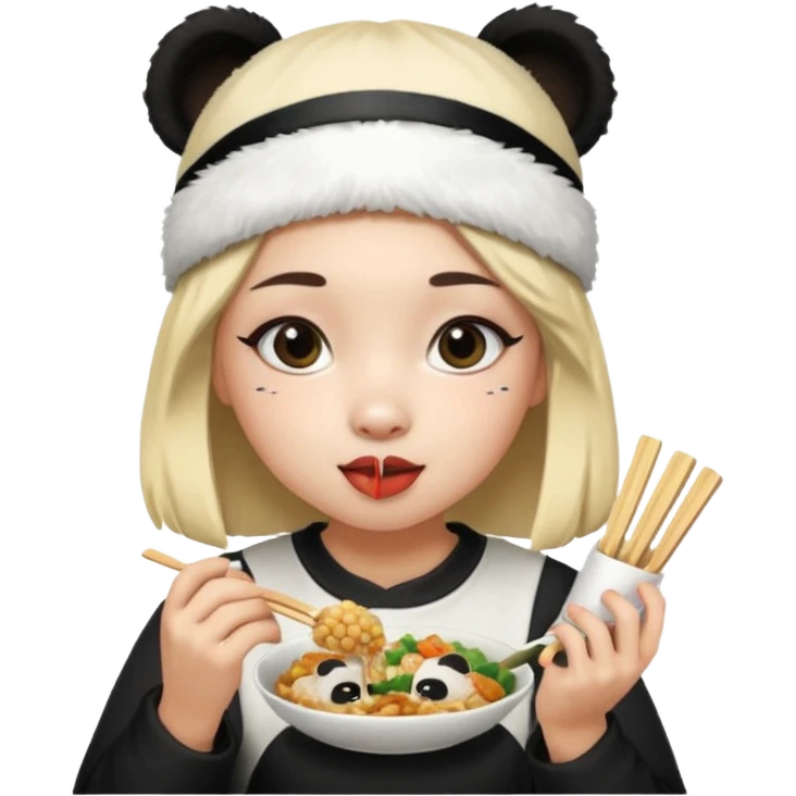 girl wearing panda headband eating asian food emoji