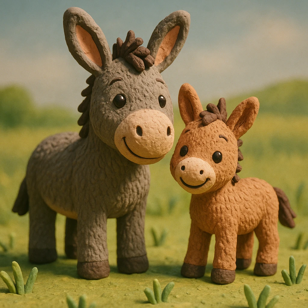 donkey and foal together, cute and cheerful, detailed fur, in a grassy meadow, claymation style emoji
