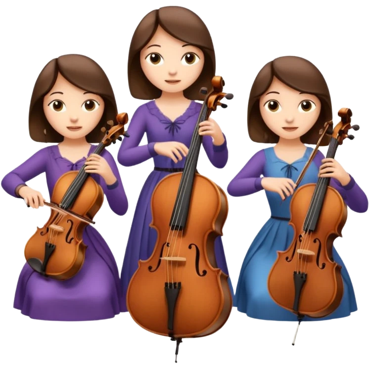Create an imagine of three brunette women playing string instruments, the first is playing a cello, the second is playing a viola and the third is playing the violin emoji