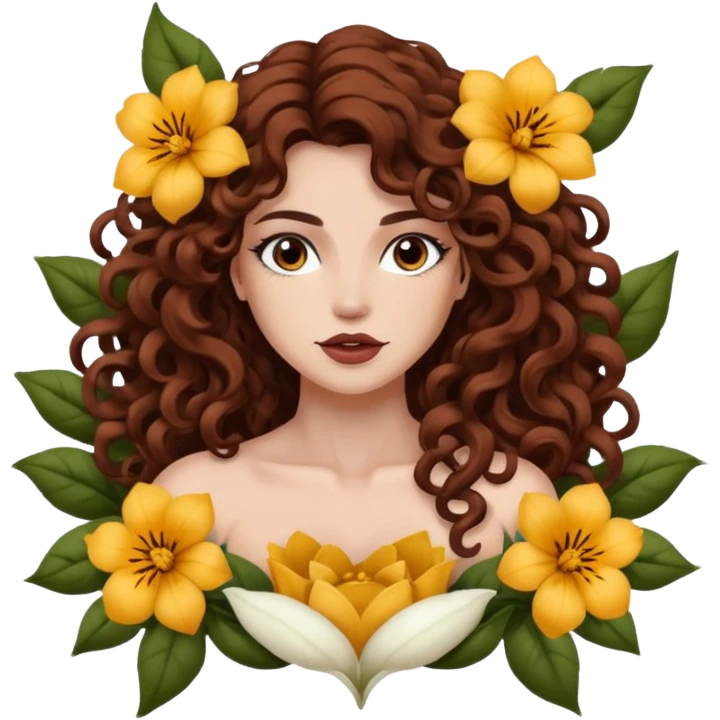 portrait woman long curly brown hair brown eyes white skin tattoos muscular build inside flower petals frame emoji