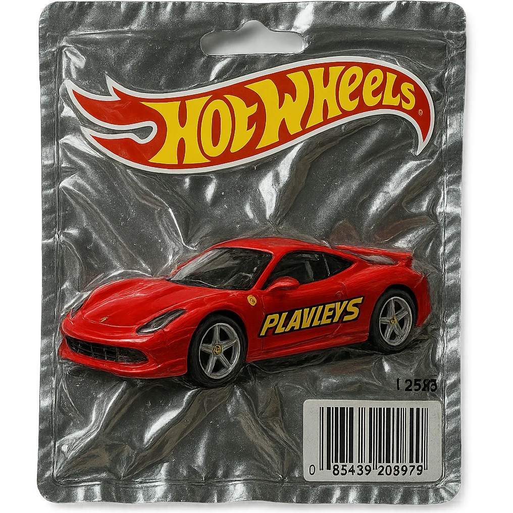 red Ferrari car with the word 'PLAVLEYS' in racing style lettering on the side, inside a Hot Wheels blister package, glossy and puffy, vacuum-sealed style emoji