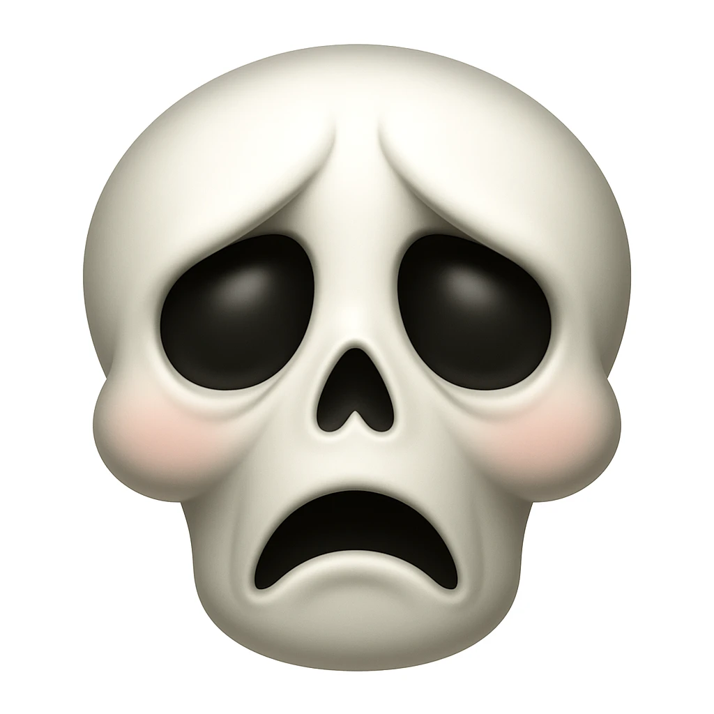 Make a sad skeleton face emoji exactly like the reference image, in iOS emoji style. Same expression, shape, and details, smooth and shiny. Add a slight blush to the cheeks. emoji