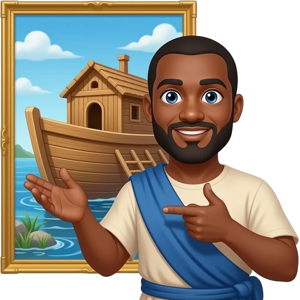 Black bald man playing Noah standing in front of his Ark emoji