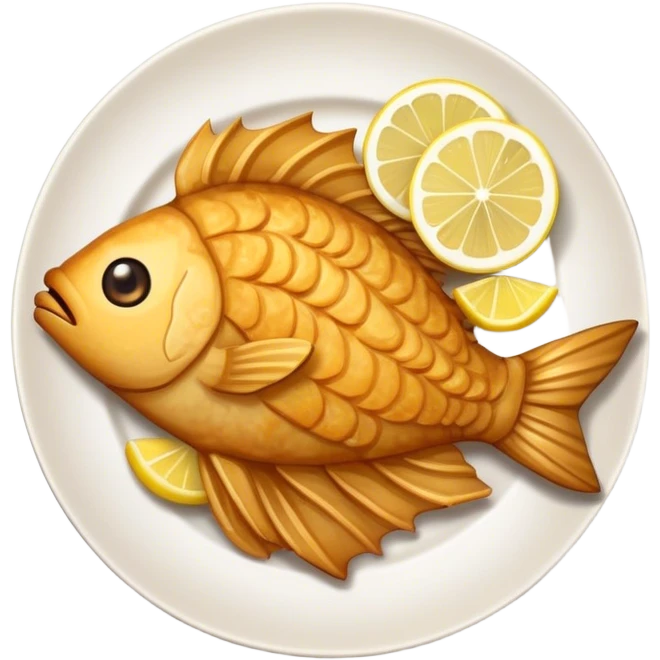 Create a detailed emoji of 'Cazón en adobo,' a traditional Spanish dish from Andalusia. The emoji should show golden-brown, crispy fried fish pieces with a slightly irregular shape, arranged on a small plate or paper wrap. The fish should look crunchy, with a few visible seasonings or texture on the batter. Optionally, include a small wedge of lemon on the side for garnish. The style should match standard food emojis, with a clean and appetizing appearance. emoji