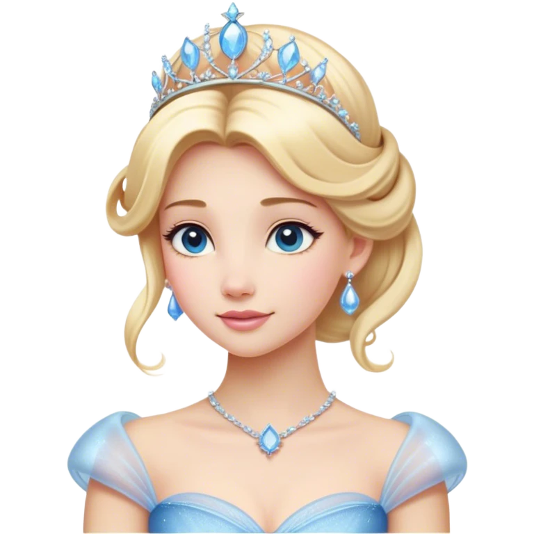 Cinematic Majestic Cinderella Portrait Emoji, rendered in a realistic, vector-style with clean, bold shapes. Depict Cinderella with a refined, noble expression, her fair skin luminous and her long blonde hair styled in an elegant updo, adorned with a delicate tiara. Her attire is a simple, sparkling ball gown that radiates soft pastel hues, glowing with a soft, majestic light and a subtle glowing outline, epitomizing classic royal beauty. emoji