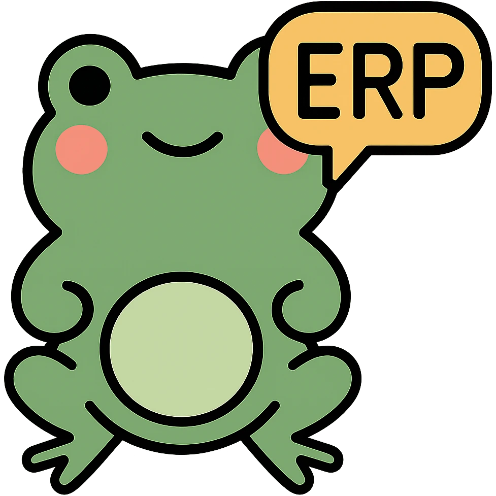 Change the sign to a speech bubble that says 'ERP', keep the frog and style the same. Remove the background. The original style is a green bufo frog meme style. emoji
