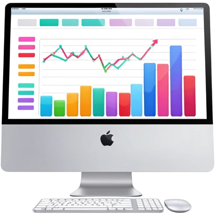 iMac computer with bar charts and beauty products inside the screen emoji