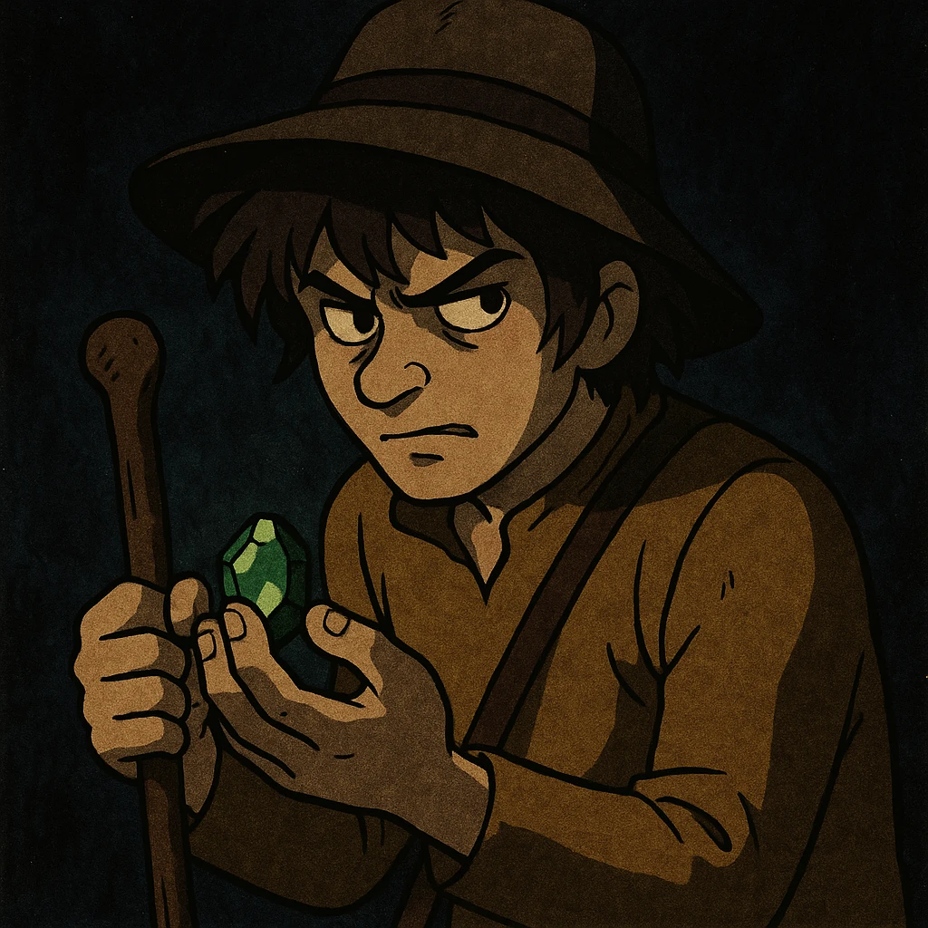 Peter the goatherd from the 1978 Heidi series, as a suspicious character, holding a mysterious object, vintage anime style, with a dark twist emoji