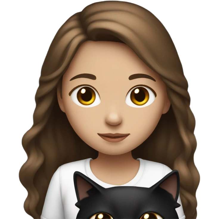 Girl with long brown hair holding a black and white cat emoji