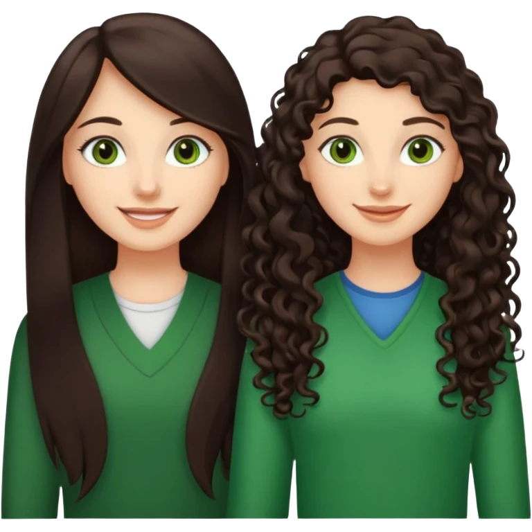 Two besties: 1: long ironed straight darkbrown hair, green eyes 2: long curly darkbrown hair, brown eyes emoji