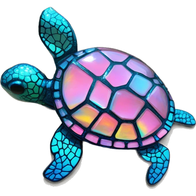 Sparkling cyan pink Turtle made from kaleidoscopic rainbow oilslick cyan glass, stained glass art emoji