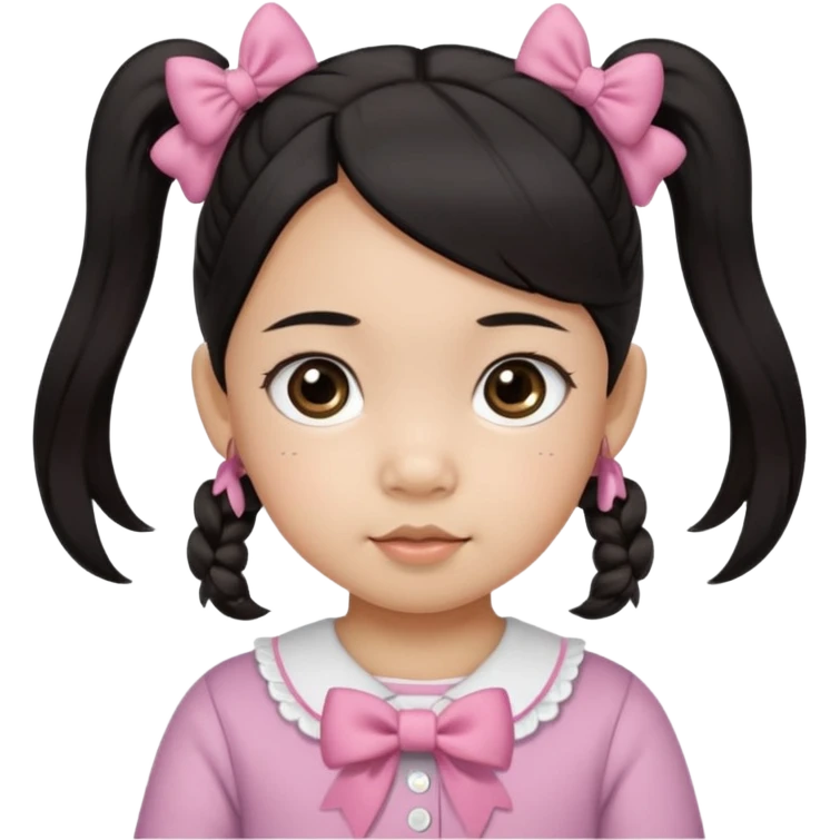 mixed toddler girl asian and american with bow pigtails, dark brown/black hair with big brown eyes emoji emoji