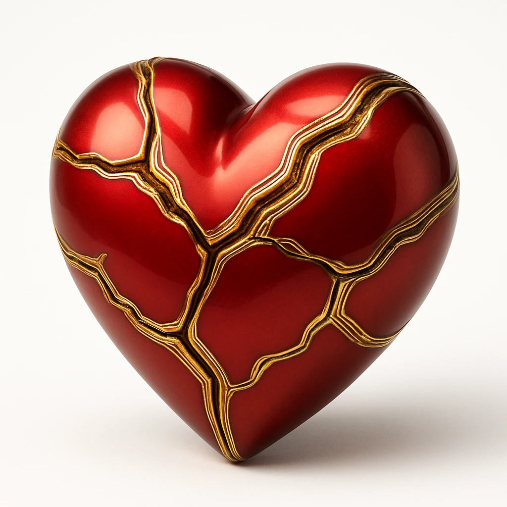 a shiny red heart with bold gold kintsugi cracks, dramatic and emotional emoji