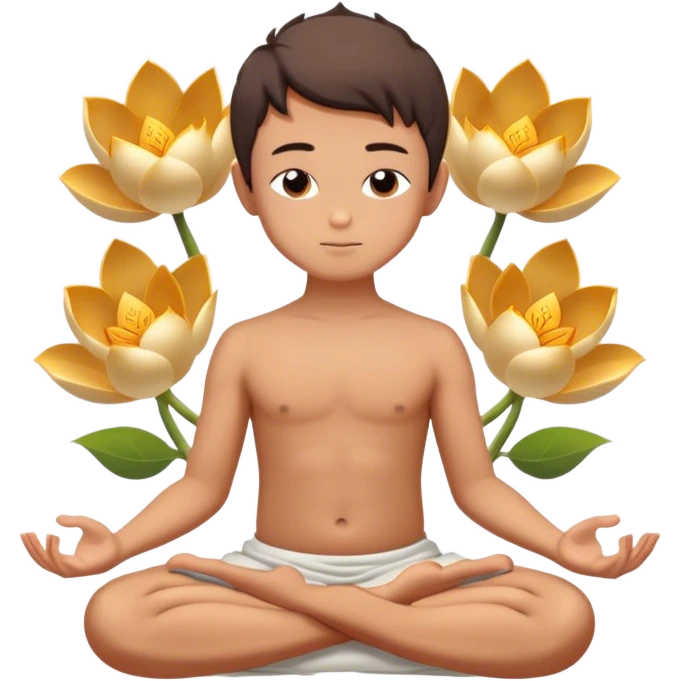 a boy meditating in lotus position with 6 hands like buddha emoji