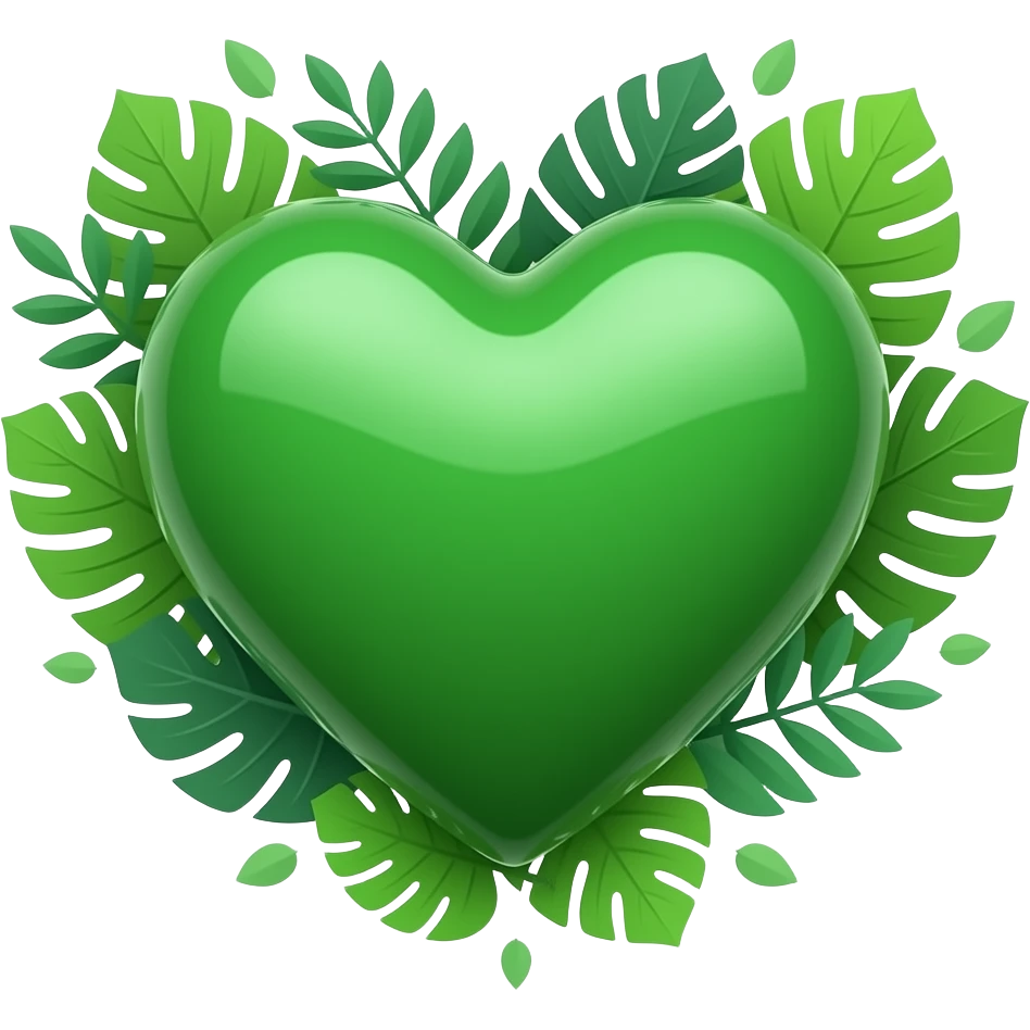 3D green heart surrounded with leaves (The Green Party style leaves), Hex Code colour: 00643b. Add a paler green reflection to the corner of the heart. Make it show success, hope, love, and unity. make sure the background is transparent emoji