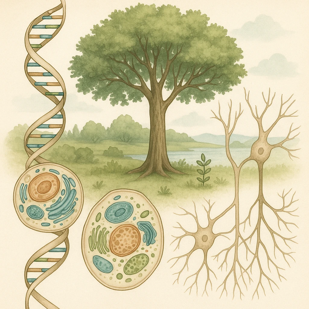 A realistic biological illustration (like in a school book) showing: DNA strands transitioning into a tree, cells with visible organelles, neurons connected to plant roots  and a balanced ecosystem background . Seamless integration, no labels or borders. Scientific color scheme, detailed but minimalist. emoji