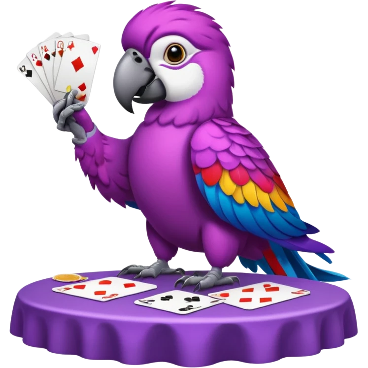 purple parrot sitting at a table with playing cards emoji