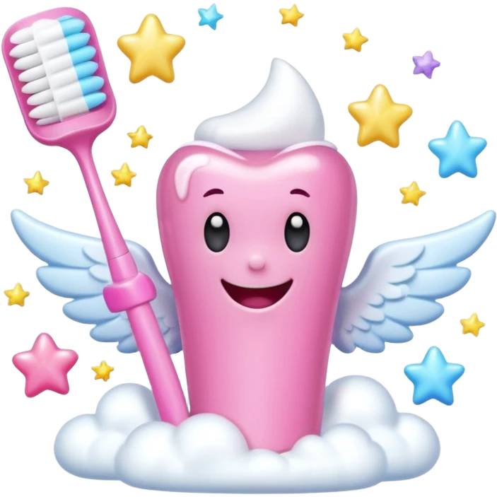 Giant cartoon toothbrush, pink toothbrush, cute molar character with angel wings, tube of pastel toothpaste, sparkles, magical sparkles, shooting stars, fluffy white clouds, soap bubbles, floating tooth fairy coins. emoji