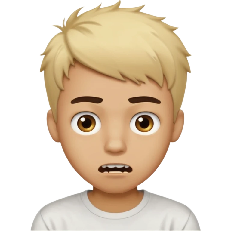 Short buzz, messy blonde hair. Dark brown bushy eyebrows large expressive golden-brown eyes, wearing a plain white t-shirt. Male Teenager. light Dark Brown skin color. Confused mouth gape showing teeth emoji