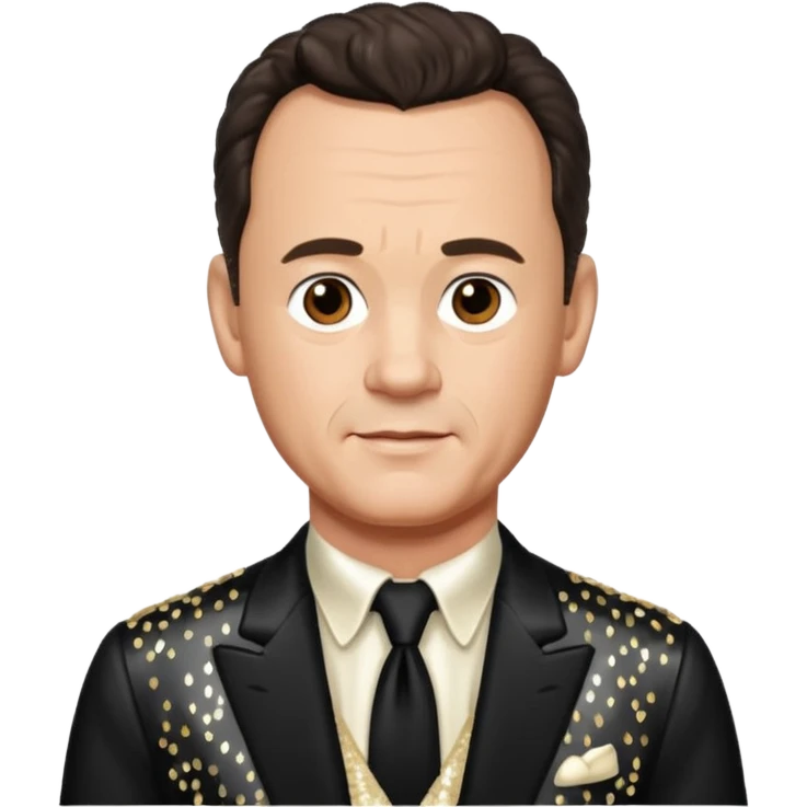 Tom Hanks with dark brown hair, ivory sequin outfit emoji