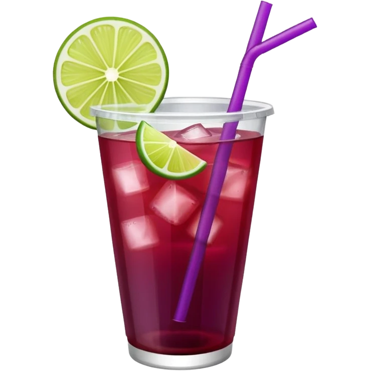 maroon purple cocktail with a lime wedge in the drink in a plastic cup with lid and straw - no lime on edge

 emoji