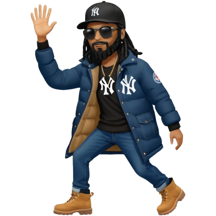 African American man with shoulder length black dreadlocks with black beard wearing black sunglasses wearing a New York Yankees logo baseball cap wearing a dark black bubble winter coat wearing denim skinny jeans and Timberland boots hand giving a high five emoji