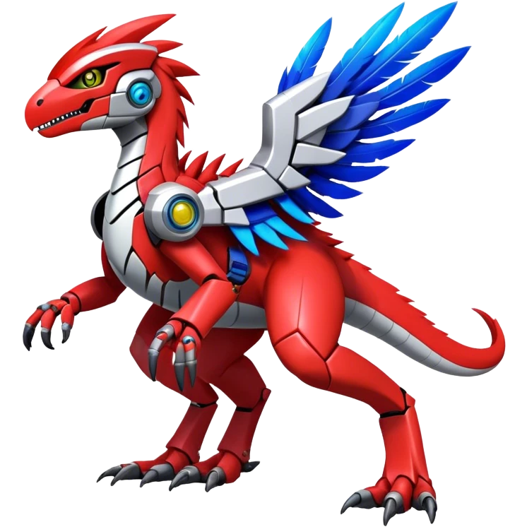 Furry feather-mane Cool Edgy Futuristic shiny colorful Digimon-Fakemon-Guilmon-Velociraptor-Mecha full body   emoji