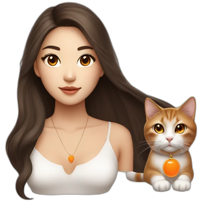 beautiful Asian woman with long brown hair brown almond-shaped eyes, with cat eye makeup and orange usb key on necklace emoji