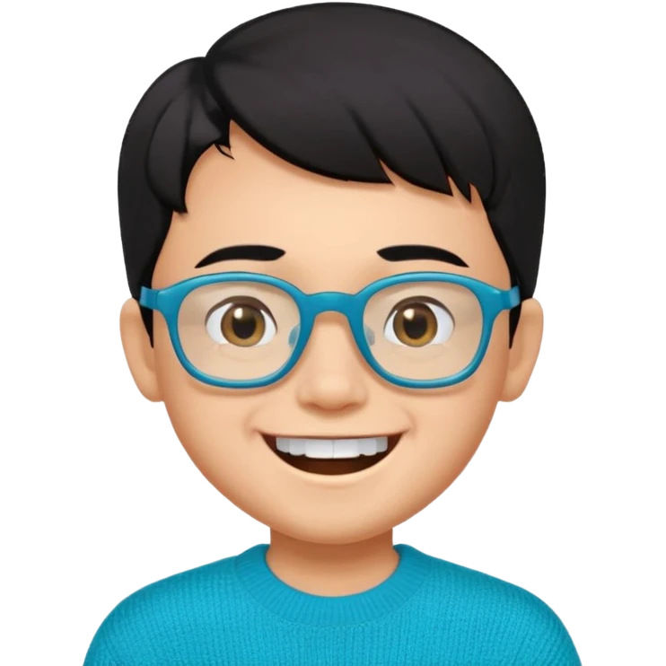 Chico de 7 años, pelo negro y repeinado, piel oscurita pero no mucho, gafas rectangulares azules, sonriente sin 1 diente, jersey verde turquesa y ojos algo rasgados emoji