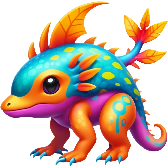 Exotic futuristic lush warm-colored neon tropical Fakémon-Fionbri-creature with cool-colored splash markings  emoji