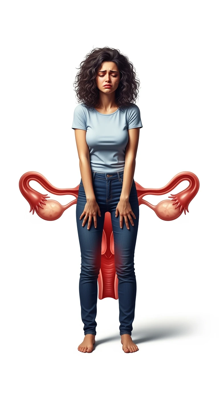 donna a figura intera con utero umano realistico in evidenza dolorante, espressione di dolore in volto, sfondo bianco, non farla computerizzata, ma iperrealistica 4k emoji