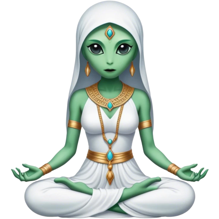 a Reptilian alien woman,in meditation, white dress like a priestess emoji