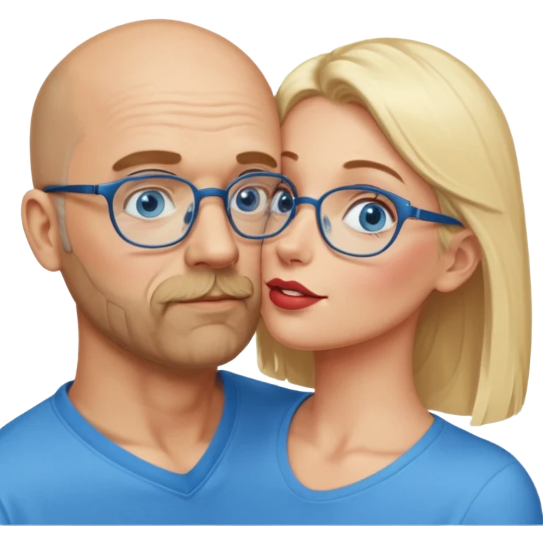 middle age bald man with heavy scruff, blue eyes and glasses.  Kissing blonde woman with blue eyes emoji