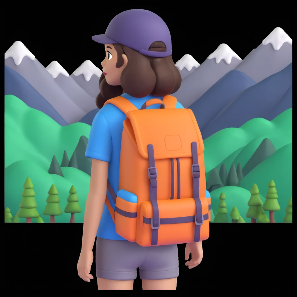 portrait of girl back packing mountains in background, close up pose emoji