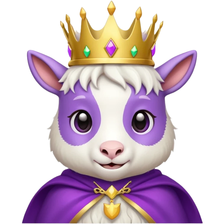 cute goat with small gold crown and purple cape, simple friendly emoji style emoji