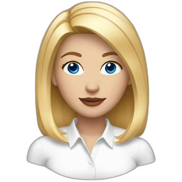 woman with blue eyes and straight bob blonde hair wearing a white button up and golden hoop earrings emoji