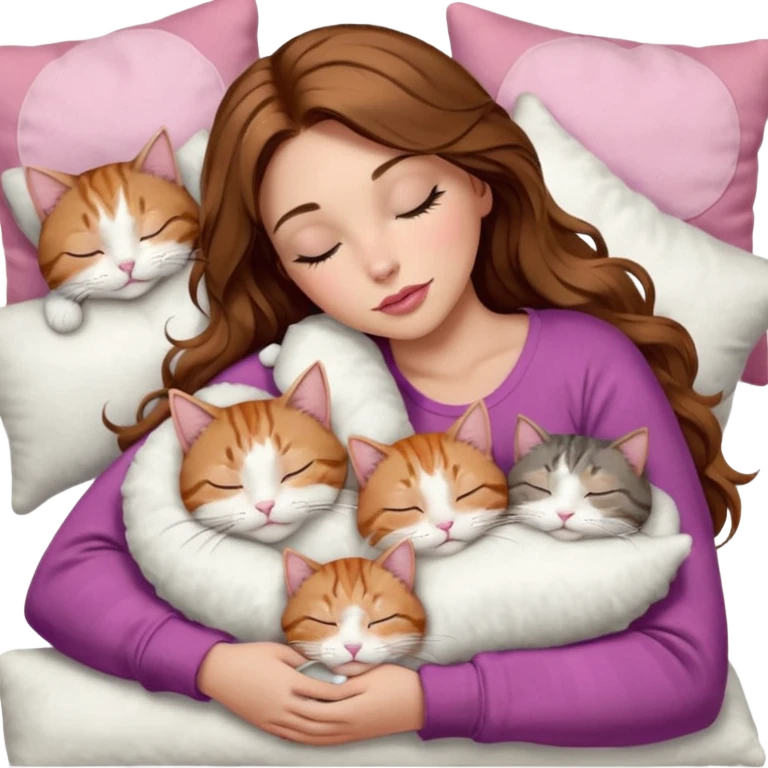 girl with long wavy brown hair, brown eyes, long lashes makeup, sexy pink lips, light to medium complexion,  sleeping on a cozy pillow, with 6 cats: 1 brown and white tabby cat, 1 ginger and white, 2 grey and white, 1 grey with white mittens and small white patch on chest and 1 calico, sleeping emoji