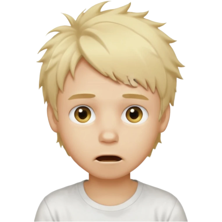 create boy blonde hair messy, light eyes, white t shirt, mouth slightly open to the left emoji