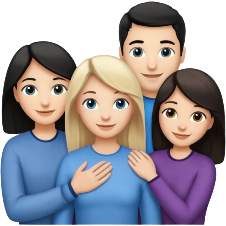 3 people. Throuple. Blank woman with blond hair and blue eye color on left. And also a blank man with black hair and grey eye color in the middle. And a blank woman with brown hair and grey eye color on the right. Holding each other emoji