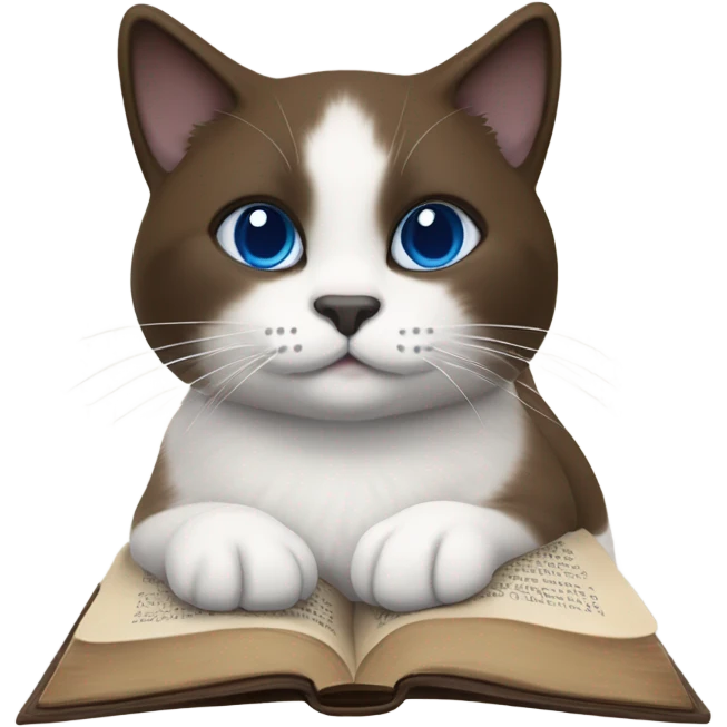 Snowshoe cat with small white patch by nose, dark face and blue eyes and darker body laying on open Bible emoji