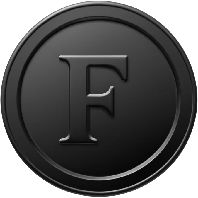 Emoji icon of a black coin with engraved letter F, minimalist style, isolated, no color emoji