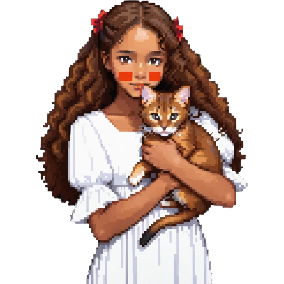 beautiful girl with curly long brown hair wearing a white dress holding an Abyssinian cat with reddish-brown fur in her arms emoji