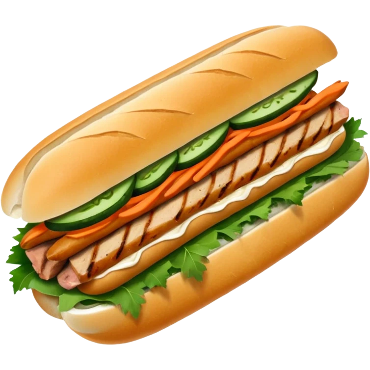 traditional banh mi with char grilled pork emoji 


    Very crusty baguette

    Mayo 

    Pickled carrot 

    Cucumber, coriander/cilantro, green onion, chilli 
 emoji